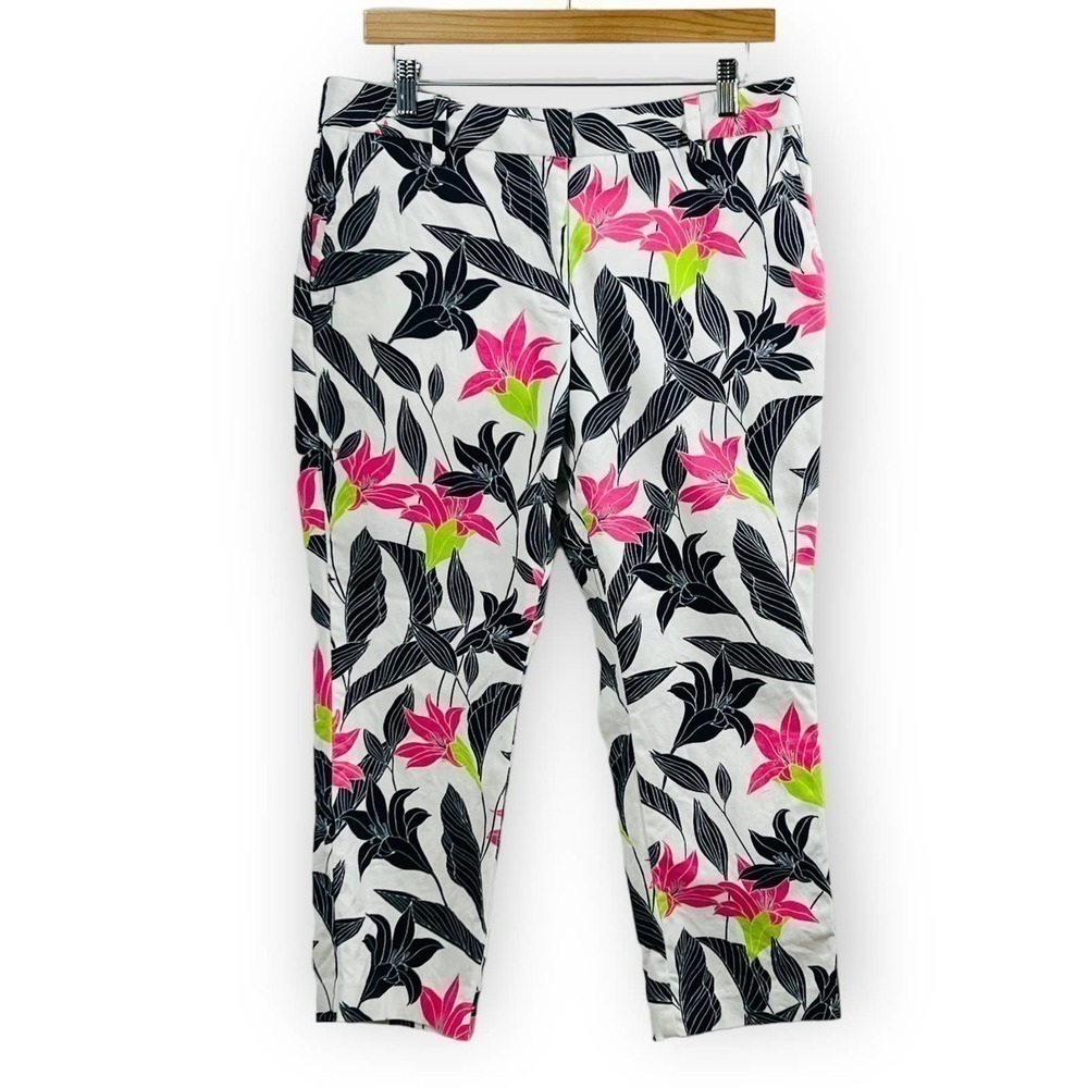 Lands End Crop Chino Pants Floral Lily Print Stretch Black White Size 10P - Picture 2 of 12